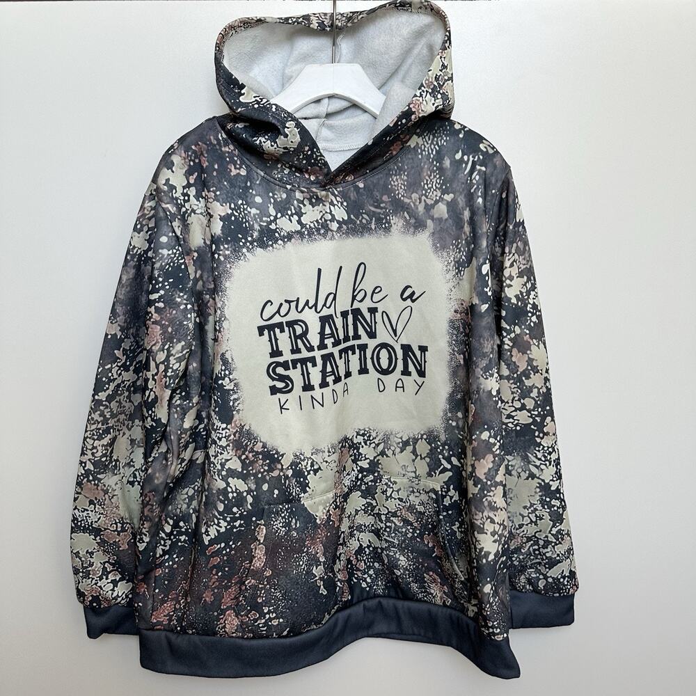 Train Station Kinda Day Hoodie Bleached TieDye Funny Graphic Pullover Unisex 2XL